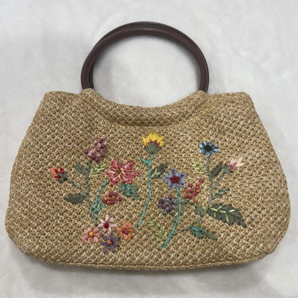 Vintage Straw Floral Embroidered Tan Handbag